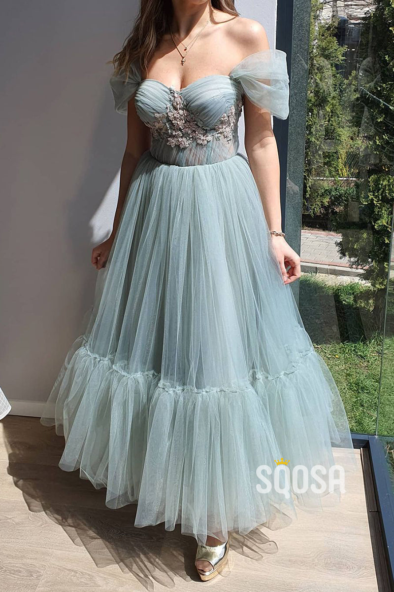 Unique Off Shoulder Appliques Vintage Prom Dress Formal Gown QP1135|SQOSA