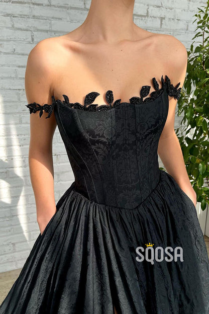 Women's Square Black Lace Split Long Prom Dress with Pockets QP1154