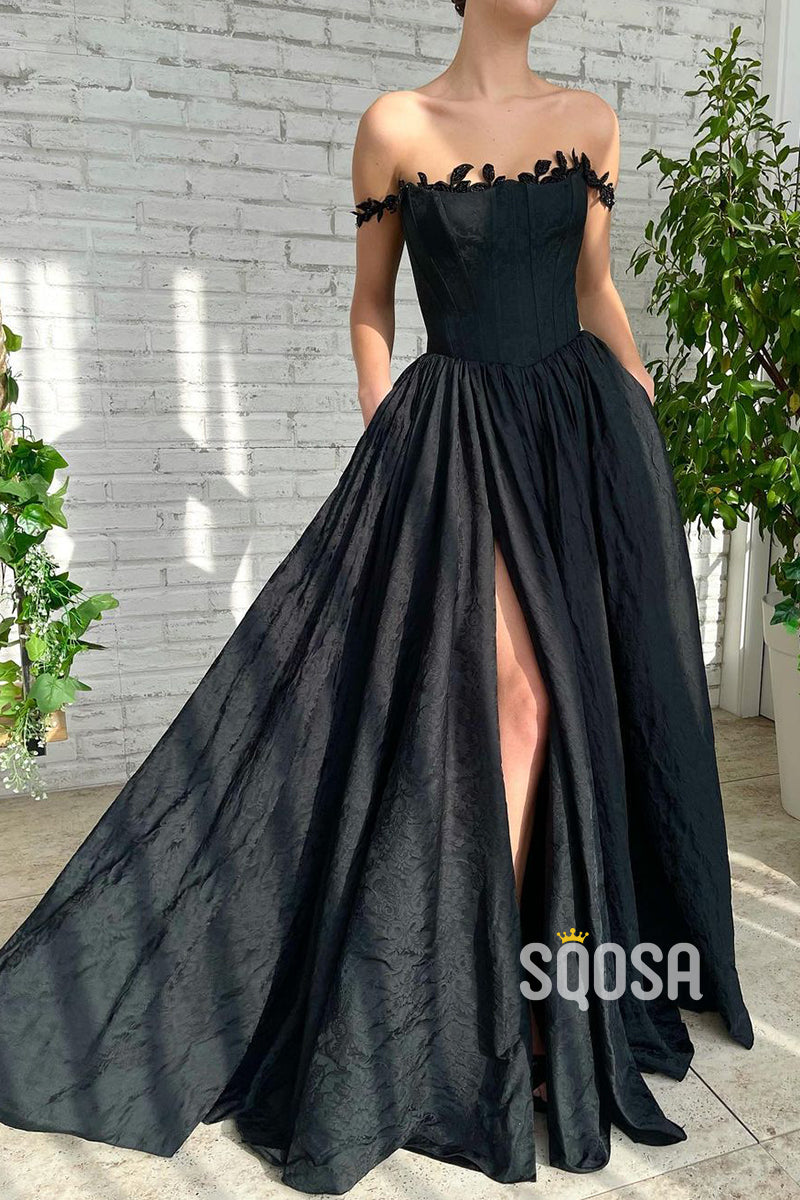 Women's Square Black Lace Split Long Prom Dress with Pockets QP1154