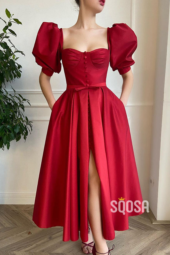 A-line Sweetheart Short Sleeves Red Vintage Prom Dress with Pockets QP2568|SQOSA