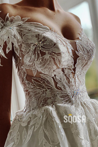 Off Shoulder 3D Applique A-line Rustic Wedding Dresses Bridal Gown QW0825