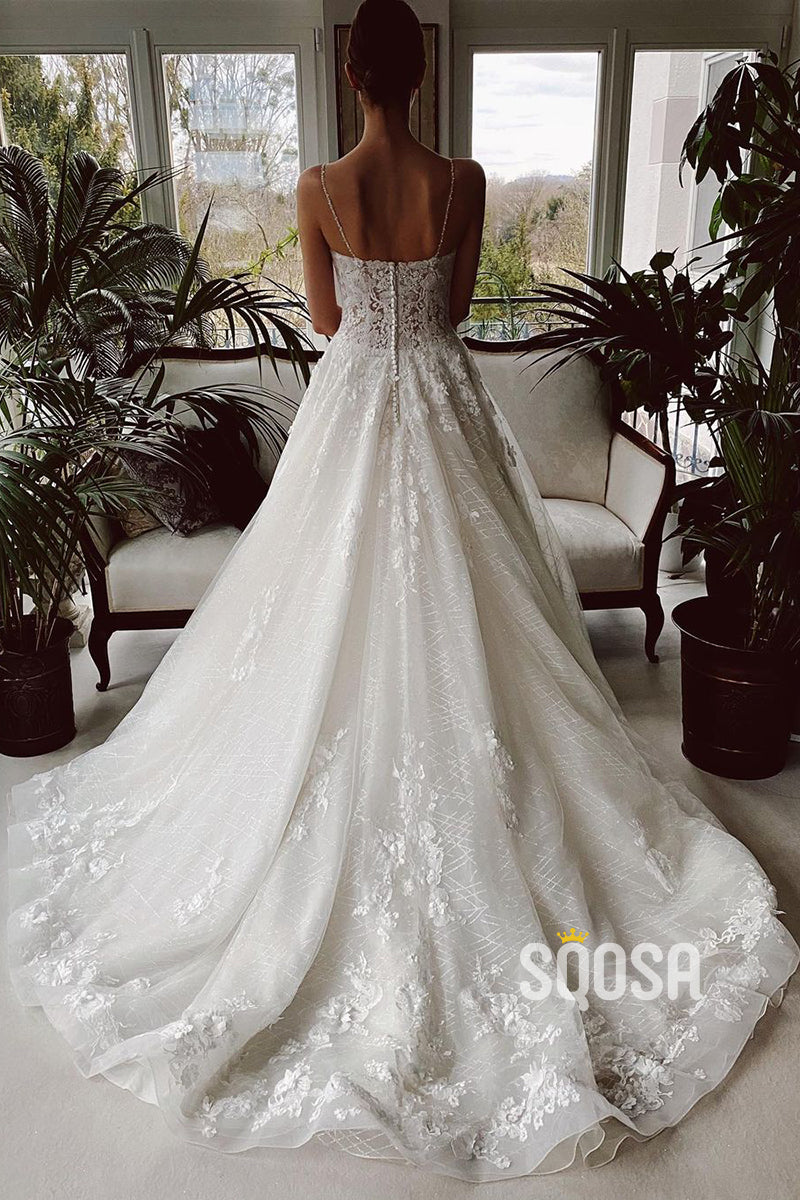Spaghetti Straps Lace Applique A-line Rustic Wedding Dress QW0860|SQOSA