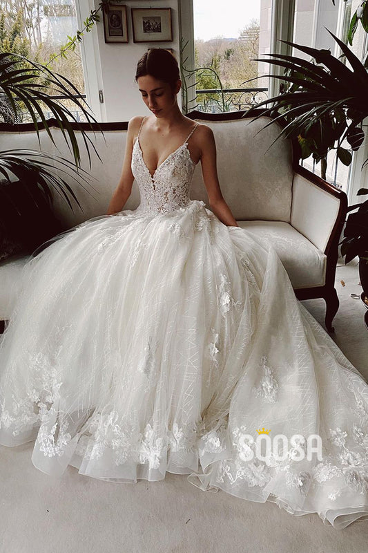 Spaghetti Straps Lace Applique A-line Rustic Wedding Dress QW0860|SQOSA