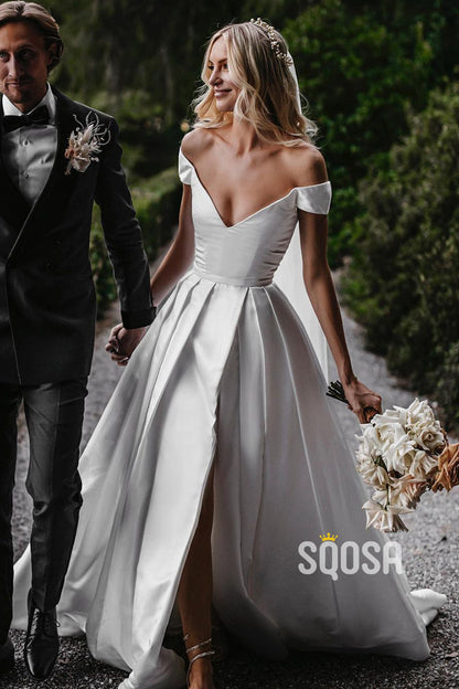 Off Shoulder Modest White Satin Rustic Wedding Dress with Slit QW0901|SQOSA