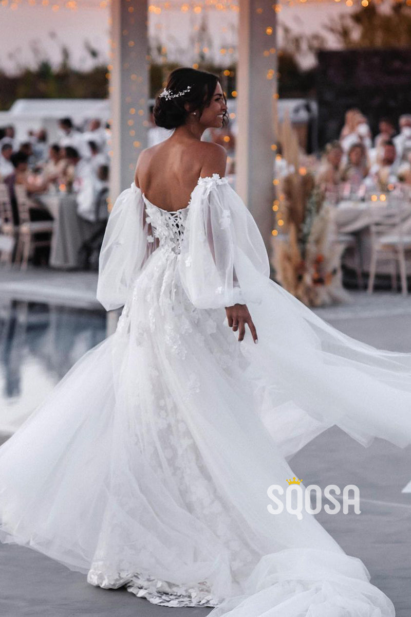 Luxury Lace Bohemian Wedding Dress Off Shoulder Long Sleeves Bridal Gown QW0918|SQOSA