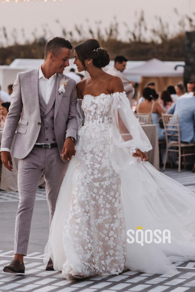 Luxury Lace Bohemian Wedding Dress Off Shoulder Long Sleeves Bridal Gown QW0918|SQOSA