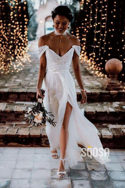 Off Shoulder Lace High Split Beach Wedding Dress QW0922|SQOSA