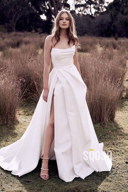 Strapless Ivory Satin Pleats High Split Rustic Wedding Dress QW0931|SQOSA