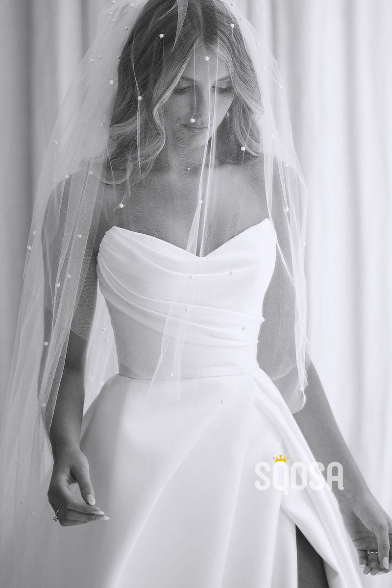 Strapless Ivory Satin Pleats High Split Rustic Wedding Dress QW0931