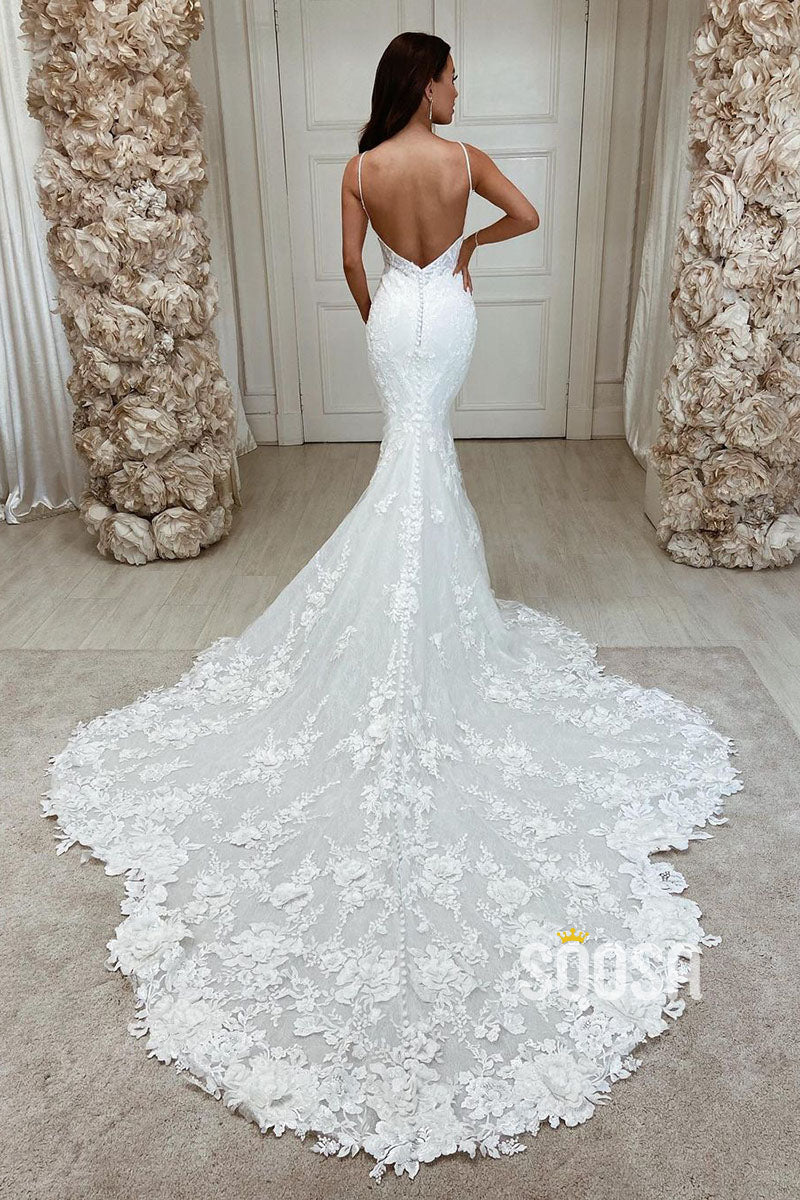 Plunging Deep V-Neck Exquisite Lace Wedding Dress Mermaid Wedding Gown QW0944|SQOSA