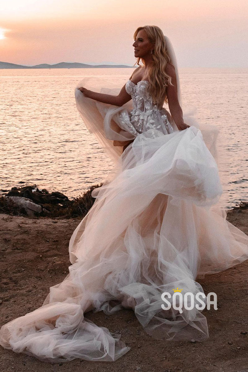 Sweetheart Lace Applique High Split Bohemian Wedding Dress QW0945|SQOSA