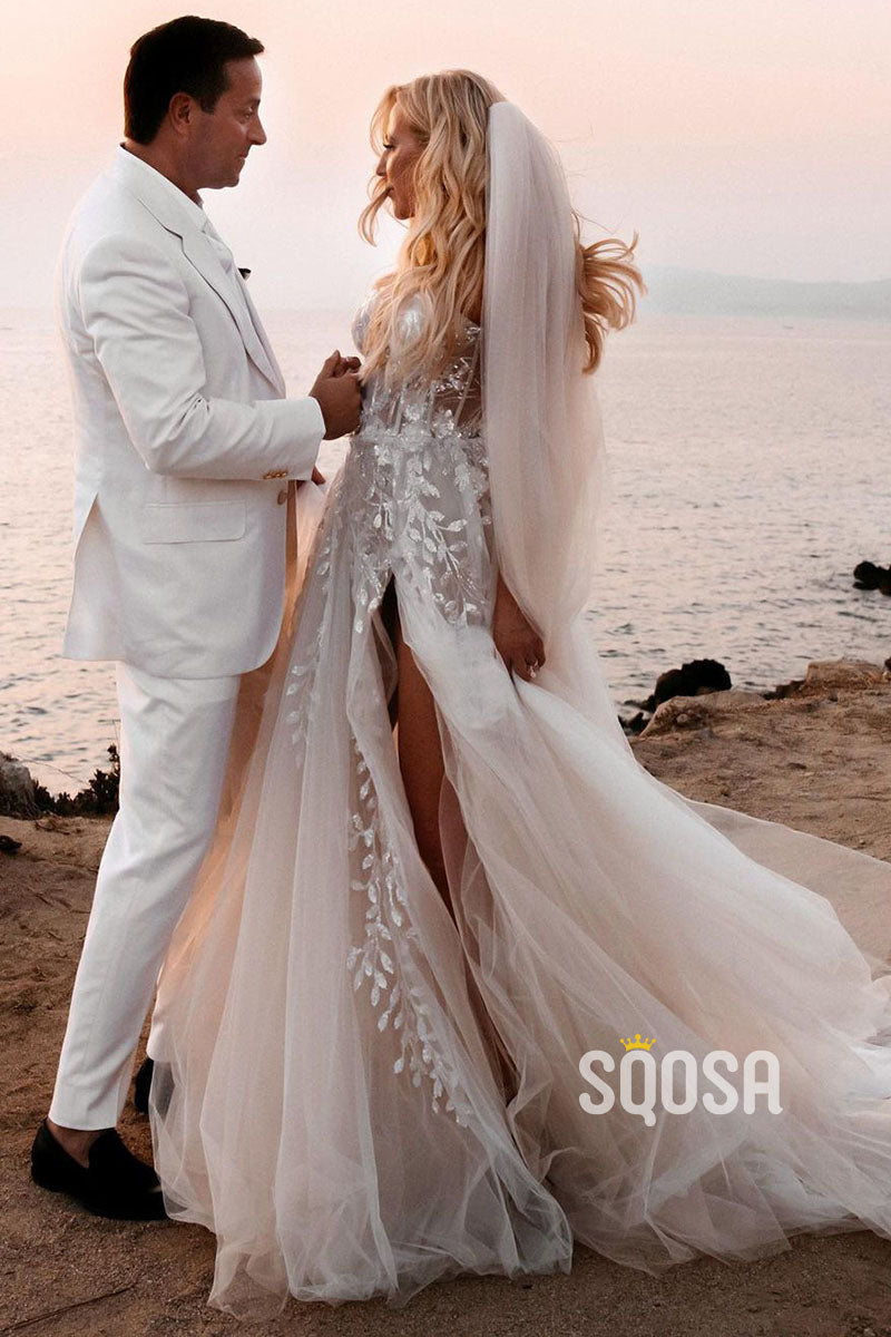 Sweetheart Lace Applique High Split Bohemian Wedding Dress QW0945|SQOSA
