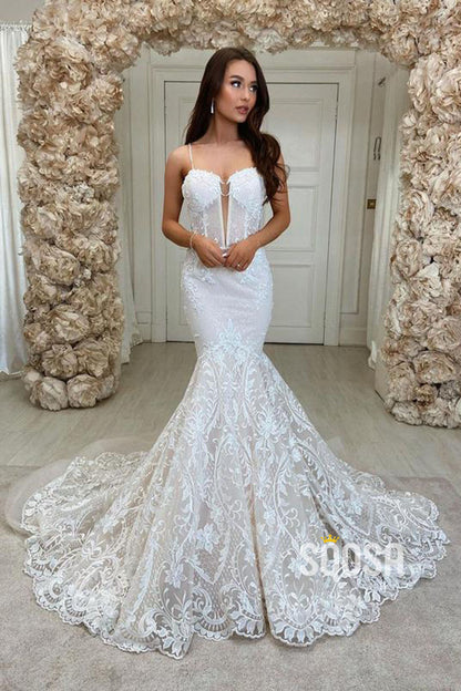 Spaghetti Straps Deep V-Neck Mermaid Lace Wedding Dress Bridal Gown QW0952|SQOSA