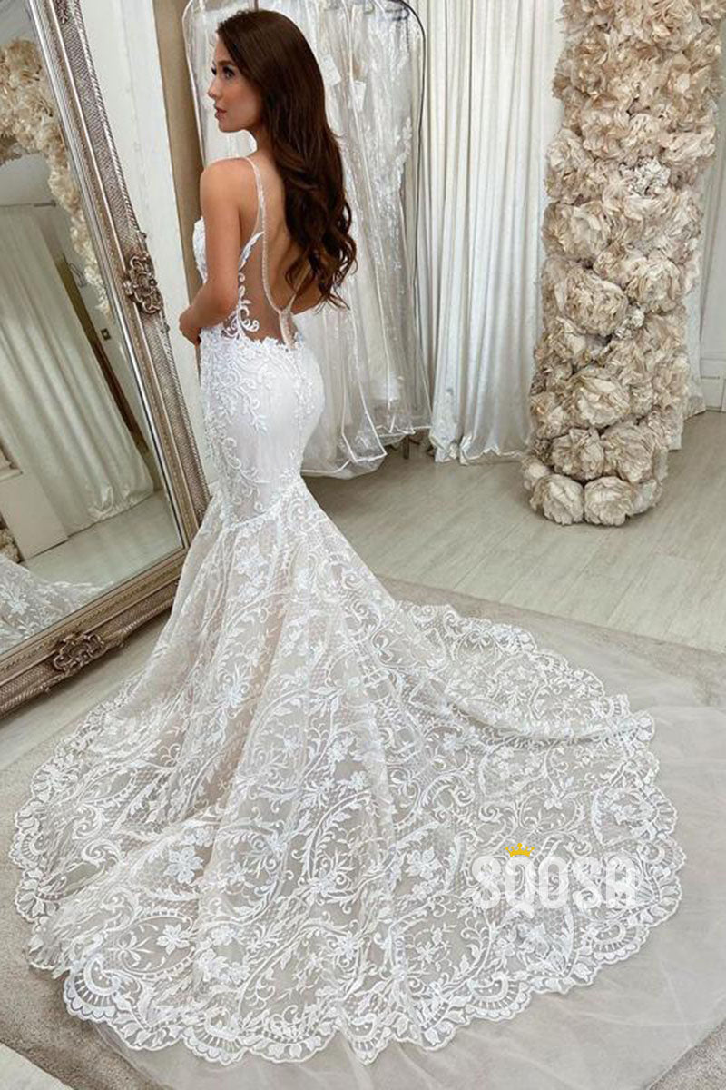 Spaghetti Straps Deep V-Neck Mermaid Lace Wedding Dress Bridal Gown QW0952|SQOSA