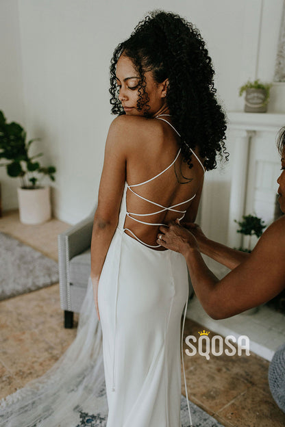 Chic Scoop Spaghetti Straps Simple Bohemian Wedding Dress Bridal Gown QW2111