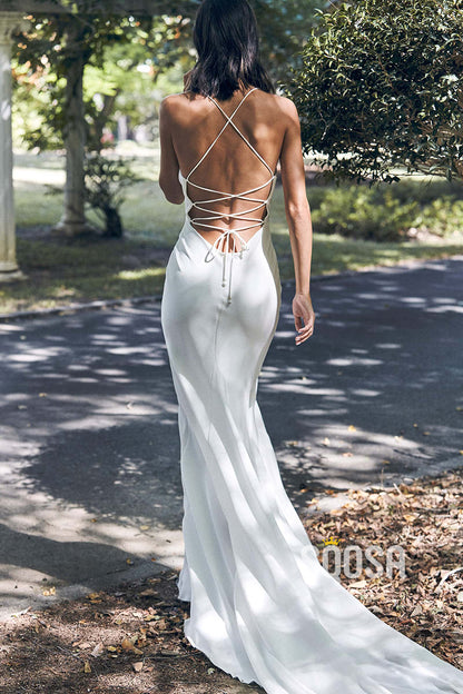 Chic Scoop Spaghetti Straps Simple Bohemian Wedding Dress Bridal Gown QW2111