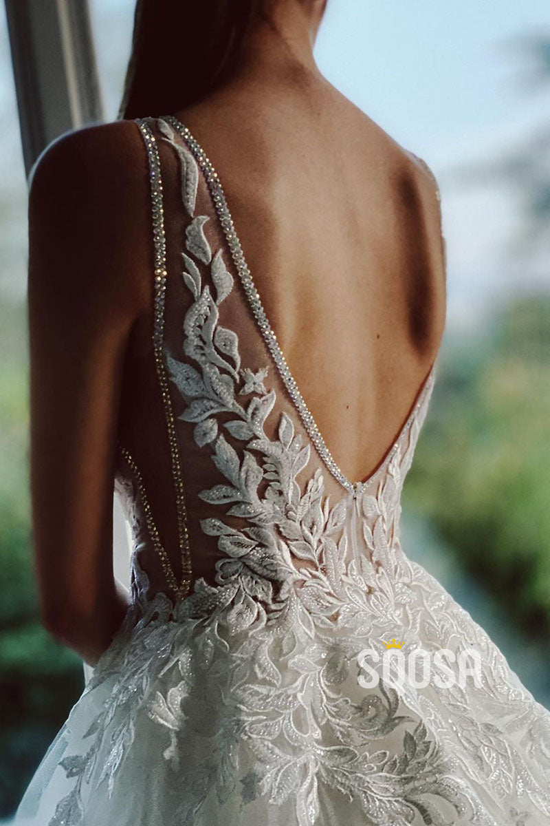 Plunging V-Neck Lace Applique A-line Rustic Wedding Dress Bridal Gown QW2114|SQOSA