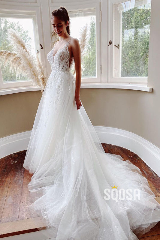 Attractive V-Neck Lace Applique Rustic Wedding Dress Bridal Gown QW2116|SQOSA