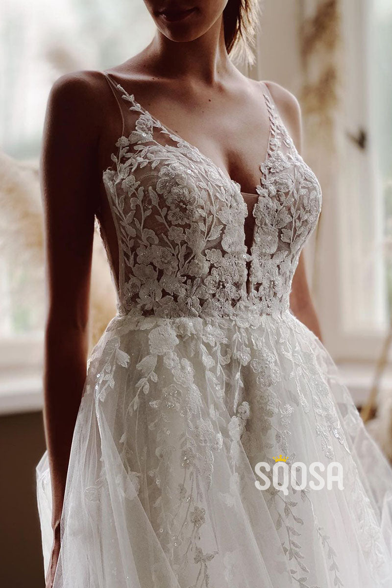 Attractive V-Neck Lace Applique Rustic Wedding Dress Bridal Gown QW2116|SQOSA