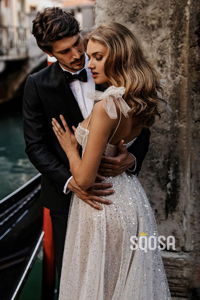 Women's Spaghetti Straps Sequins Bohemian Wedding Dress QW2123|SQOSA