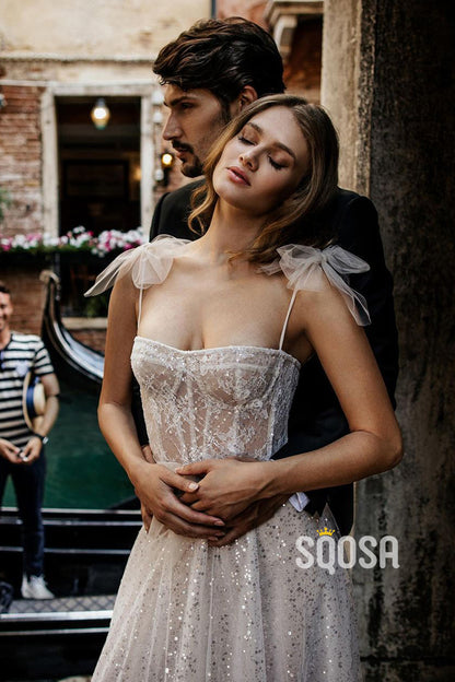 Women's Spaghetti Straps Sequins Bohemian Wedding Dress QW2123|SQOSA