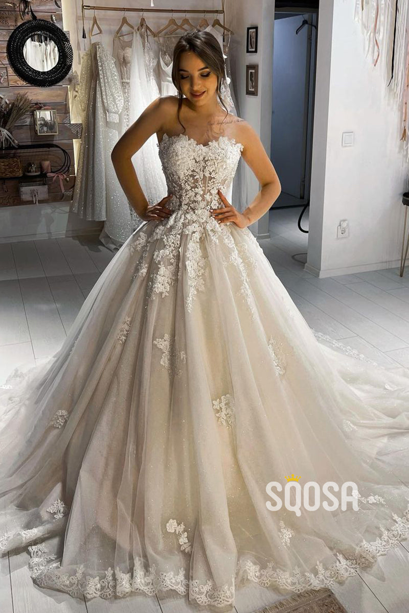 Romantic Lace Appliques Sweetheart Rustic Wedding Dress Bridal Gown QW2126|SQOSA