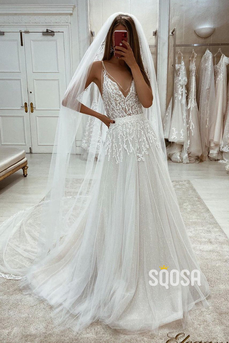 Sexy V-Neck Beads A-line Tulle Rustic Wedding Dress QW2133|SQOSA