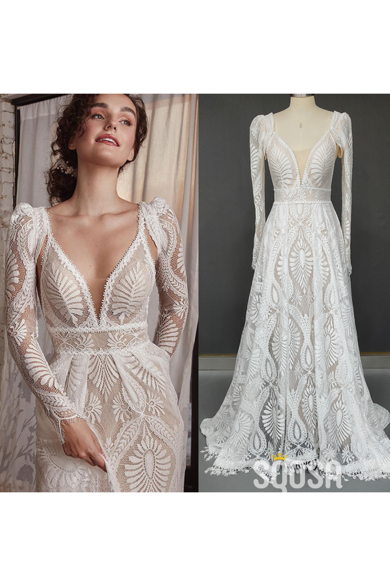 Plunging V-Neck Long Sleeves Romantic Lace Bohemain Wedding Dress Bridal Gown QW2136