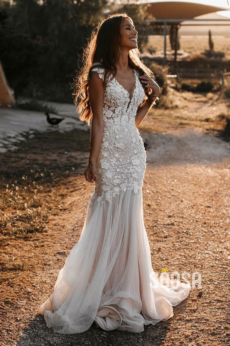 Plunging V-Neck Romantic Lace Wedding Dress Bohemian Mermaid Bridal Gown QW2162|SQOSA