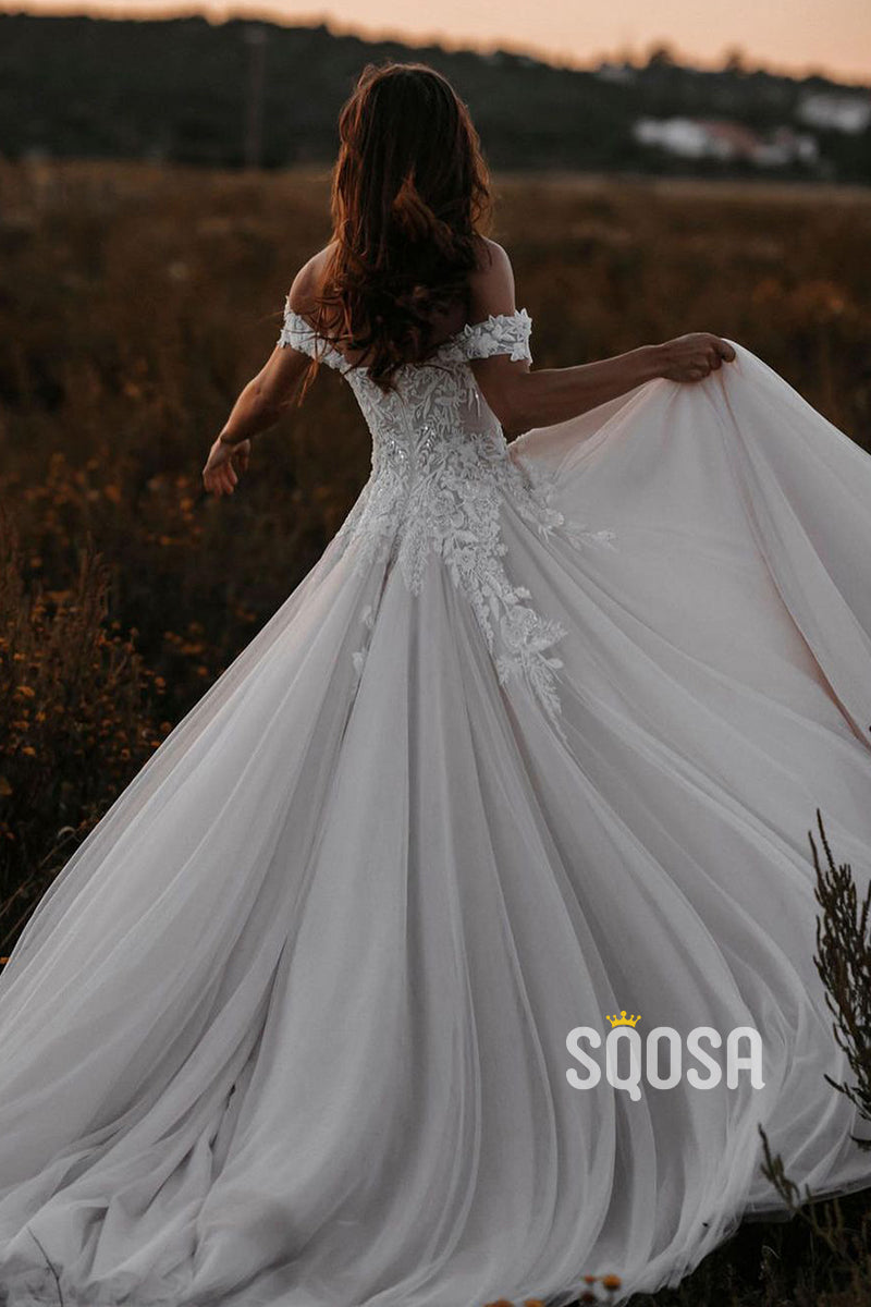 Unique Off the Shoulder Lace Appliques Bohemian Wedding Dress QW2170|SQOSA