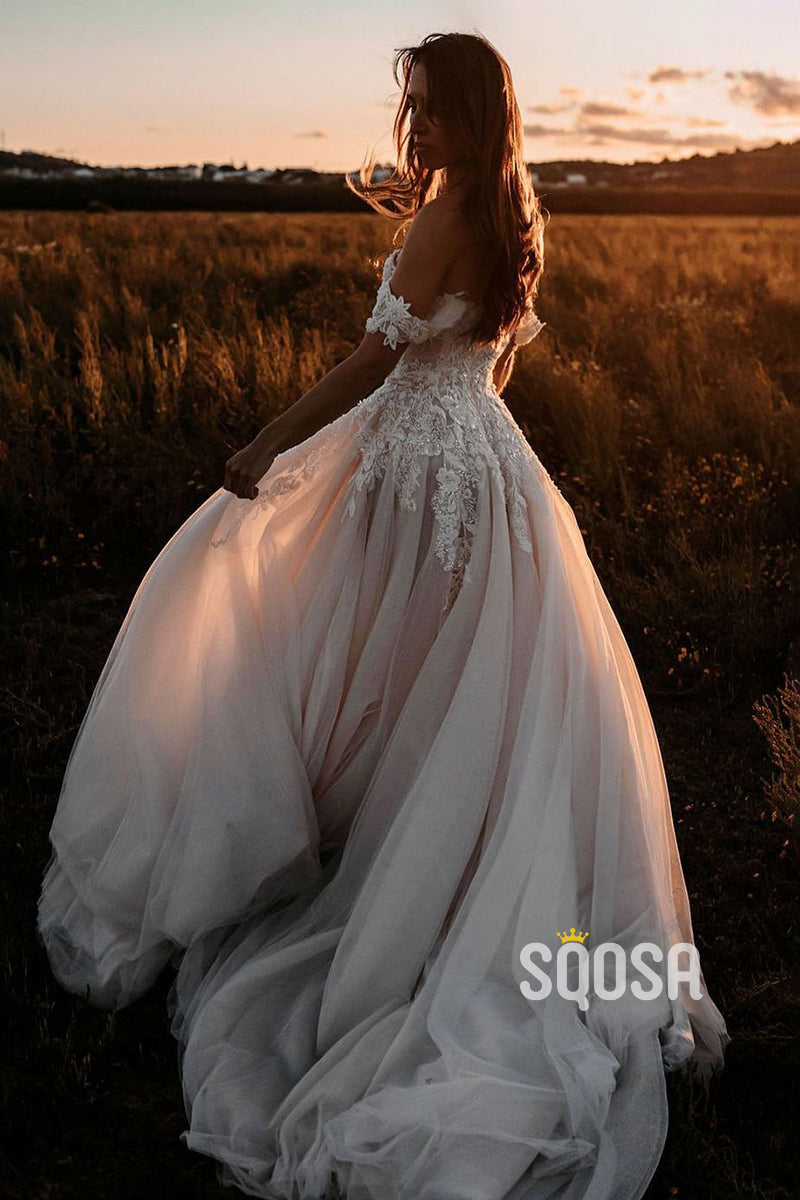 Unique Off the Shoulder Lace Appliques Bohemian Wedding Dress QW2170|SQOSA