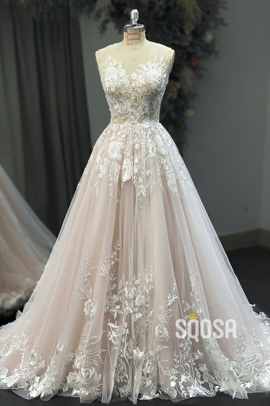 A-line Illusion Neckline Lace Appliques Rustic Wedding Dress Bridal Gown QW2185