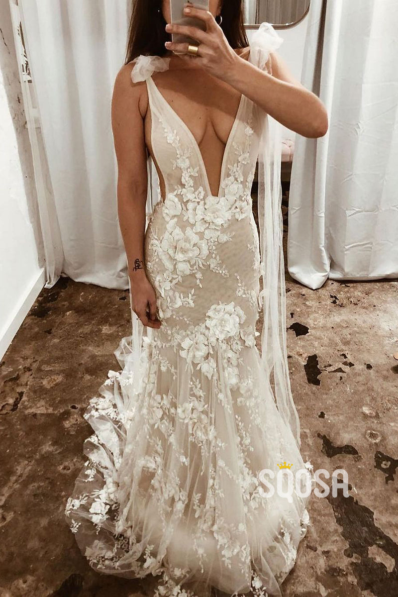 Plunging V-Neck 3D Lace Wedding Dress Bohemian Bridal Gown QW2208