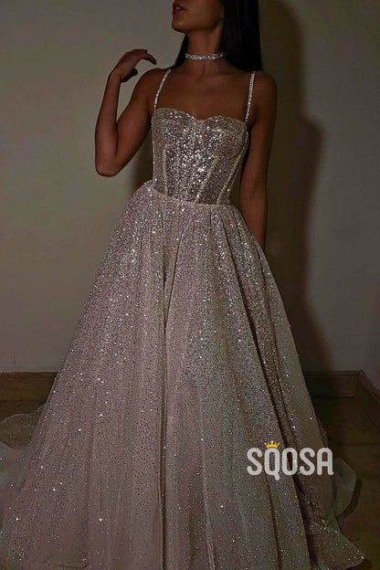 Women's Spaghetti Straps Sparkly Bohemian Wedding Dress QW2218|SQOSA