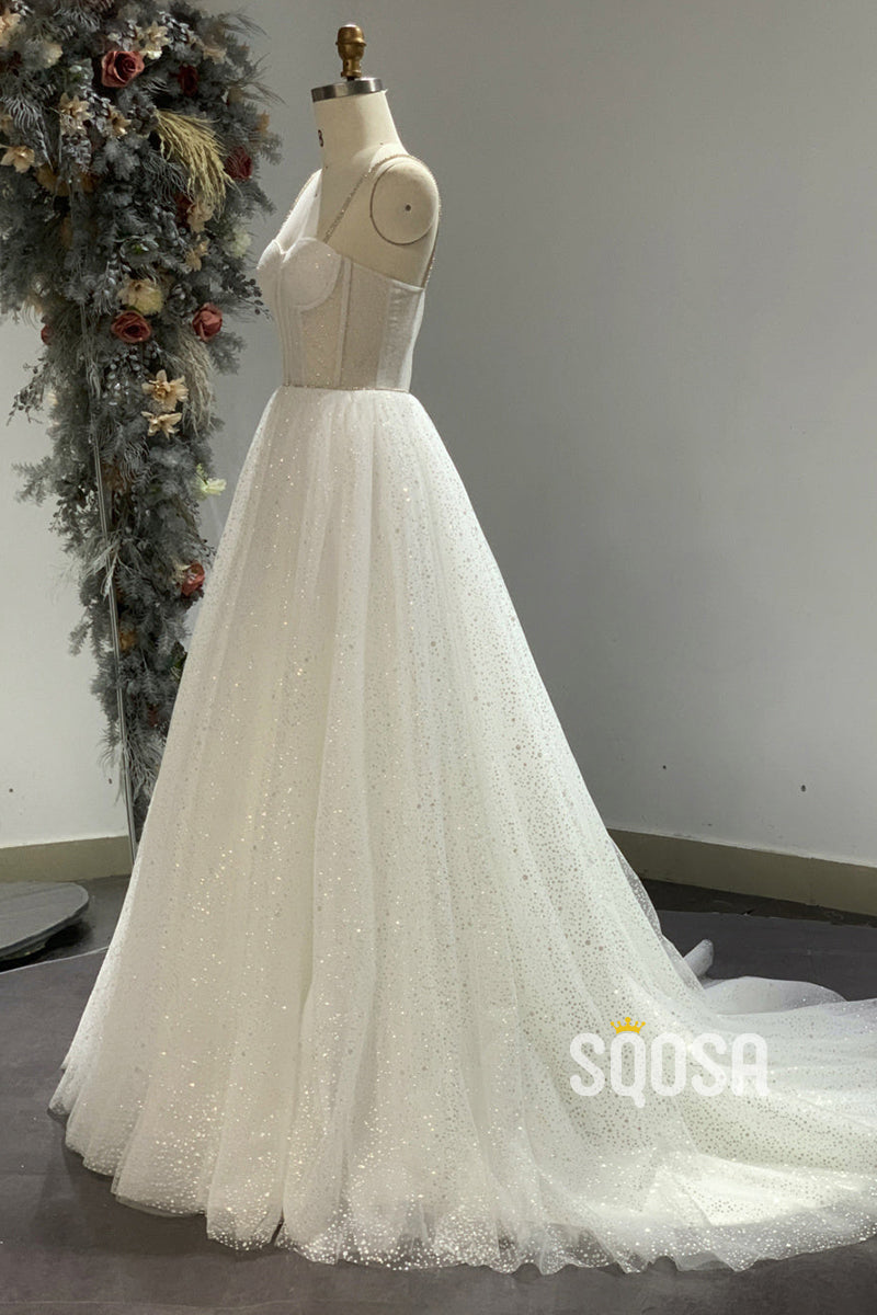 Women's Spaghetti Straps Sparkly Bohemian Wedding Dress QW2218