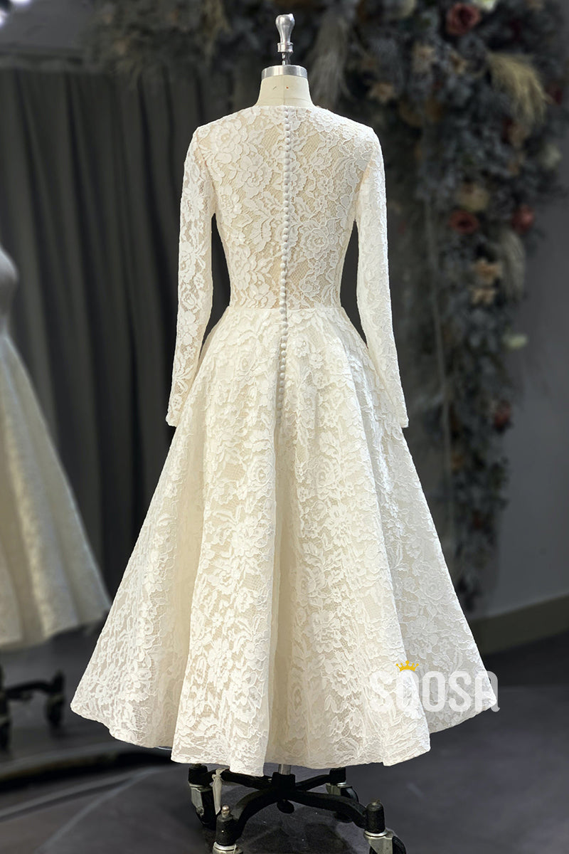 A-line Bateau Allover Lace Vintage Wedding Dress Bridal Gown QW2232