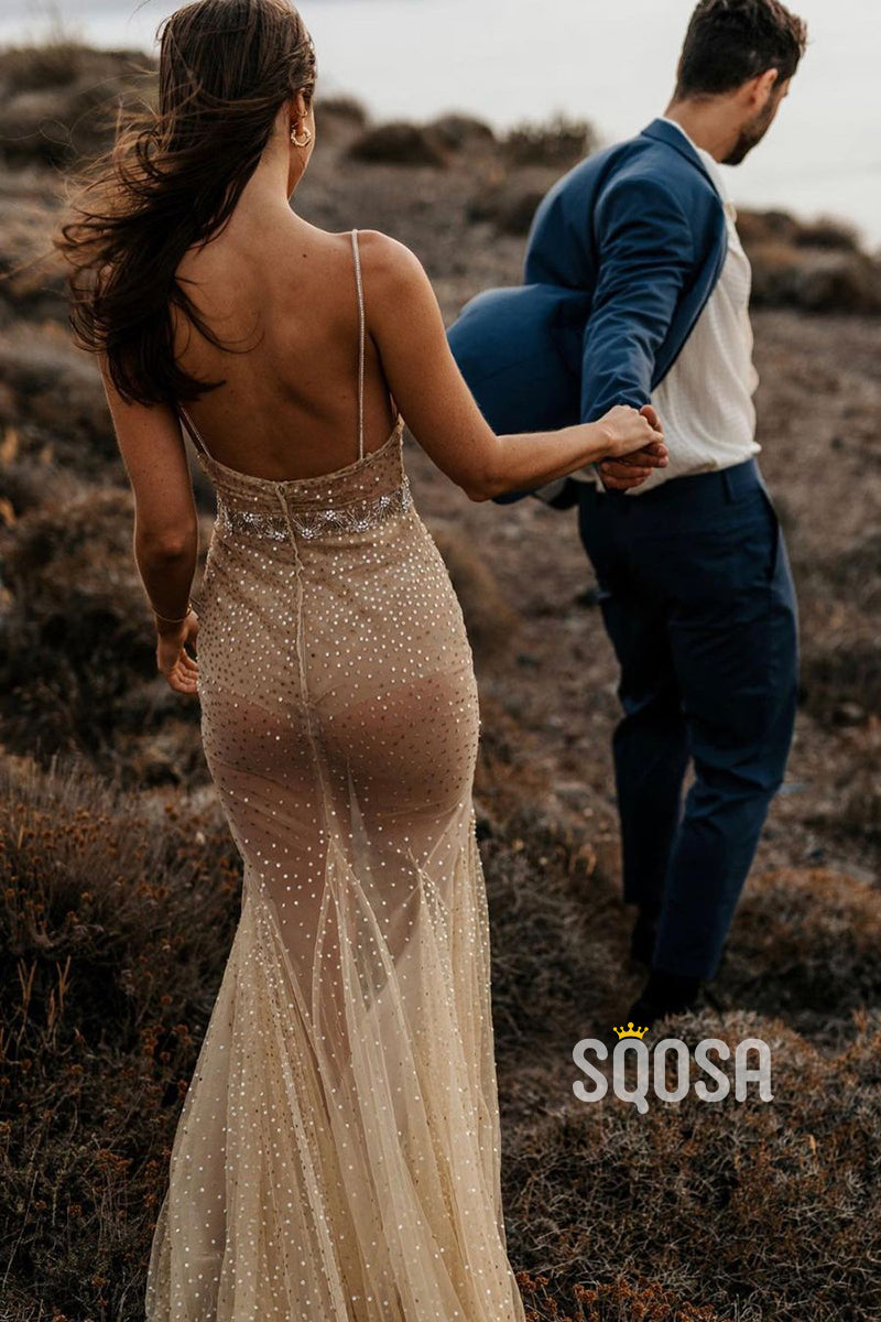 Spaghetti Straps V-Neck Sequins High Split Bohemian Wedding Dress QW2238|SQOSA
