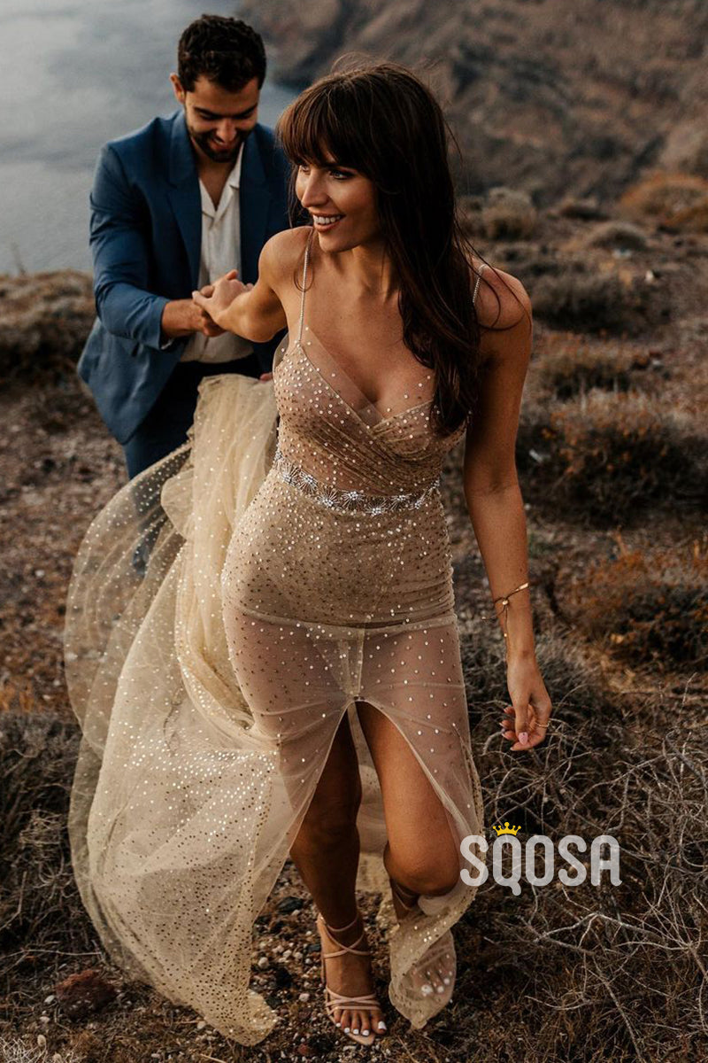 Spaghetti Straps V-Neck Sequins High Split Bohemian Wedding Dress QW2238|SQOSA