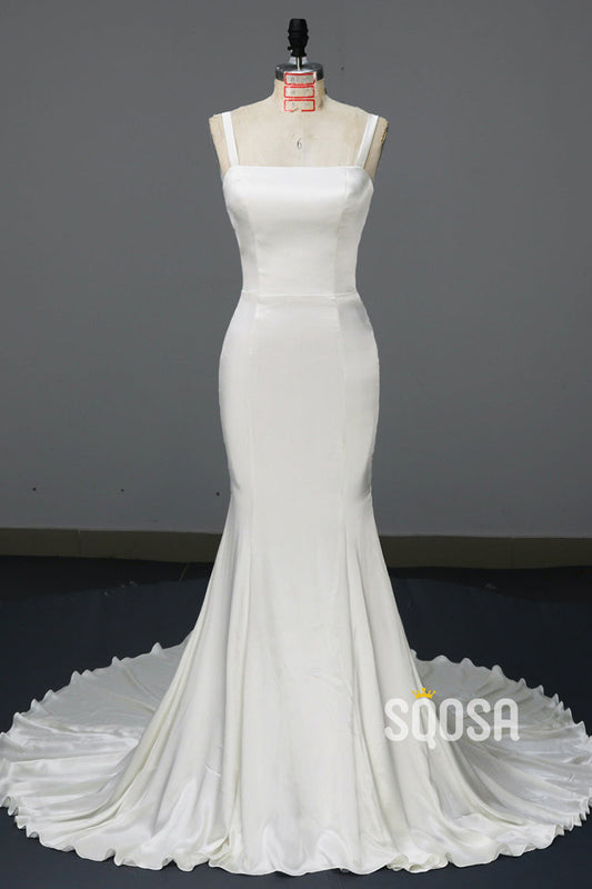 Doubel Straps Square Slik Satin Simple Wedding Dress QW2239
