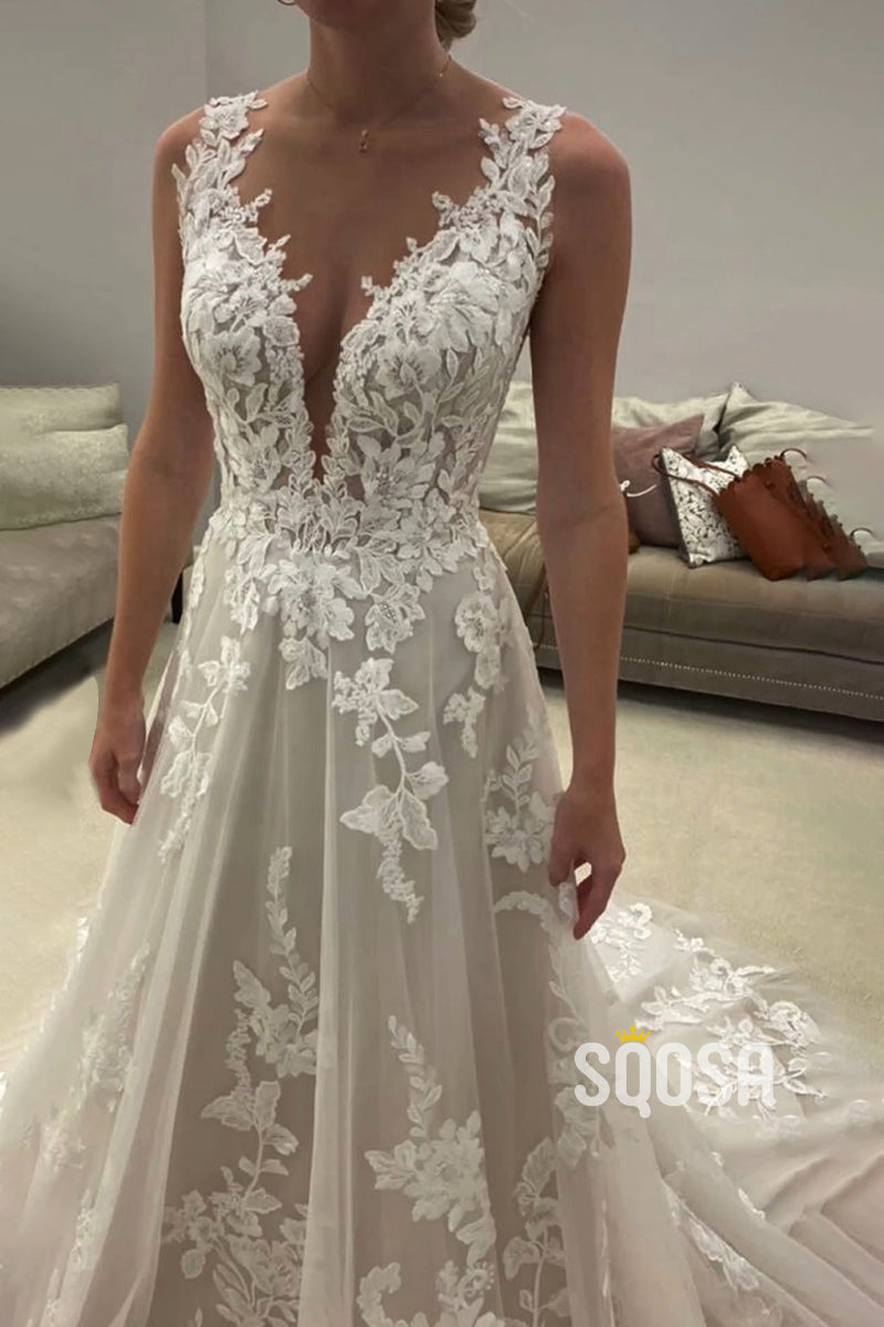 Plunging V-neck Lace Appliques Ivory Tulle Rustic Wedding Dress QW2350|SQOSA