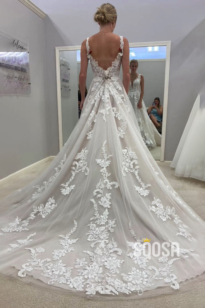 Plunging V-neck Lace Appliques Ivory Tulle Rustic Wedding Dress QW2350|SQOSA
