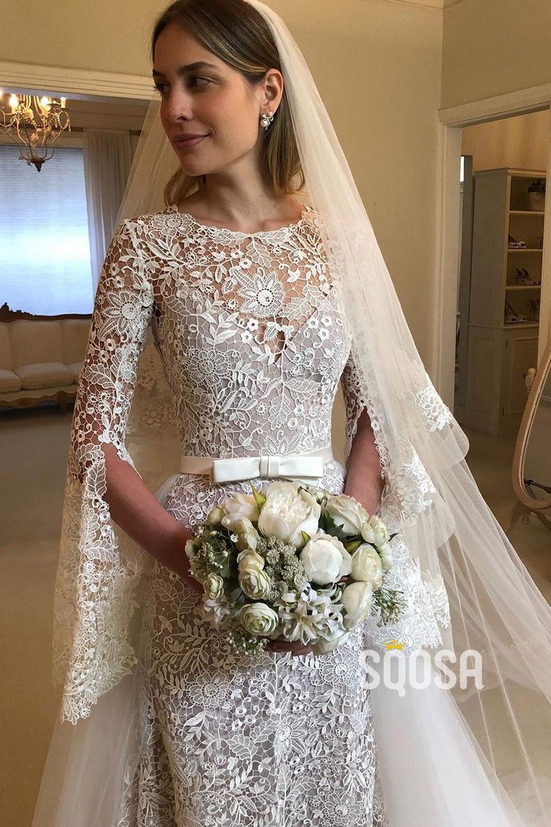 Unique Jewel Romantic Lace Wedding Dress with Sleeves Bridal Gown QW2353|SQOSA