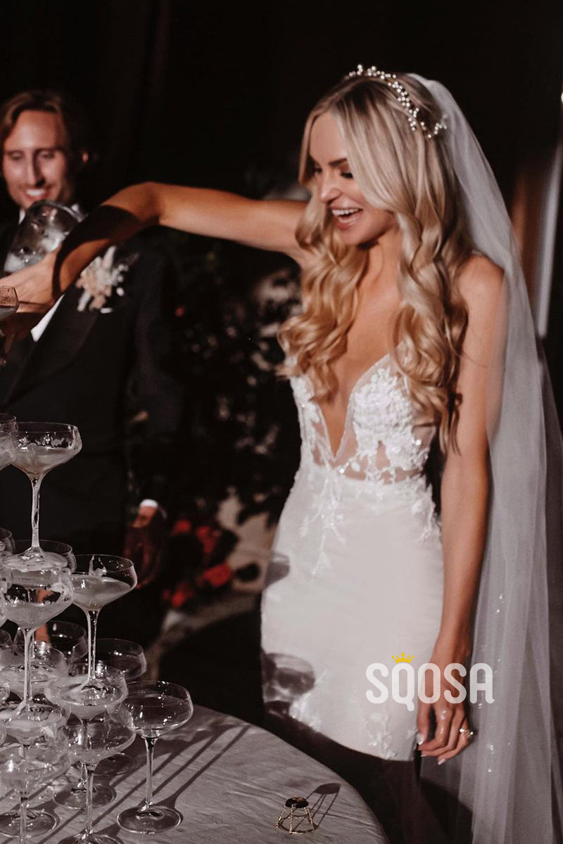 Attractive Deep V-Neck Lace Appliques Sheath Bohemian Wedding Dress QW2359|SQOSA