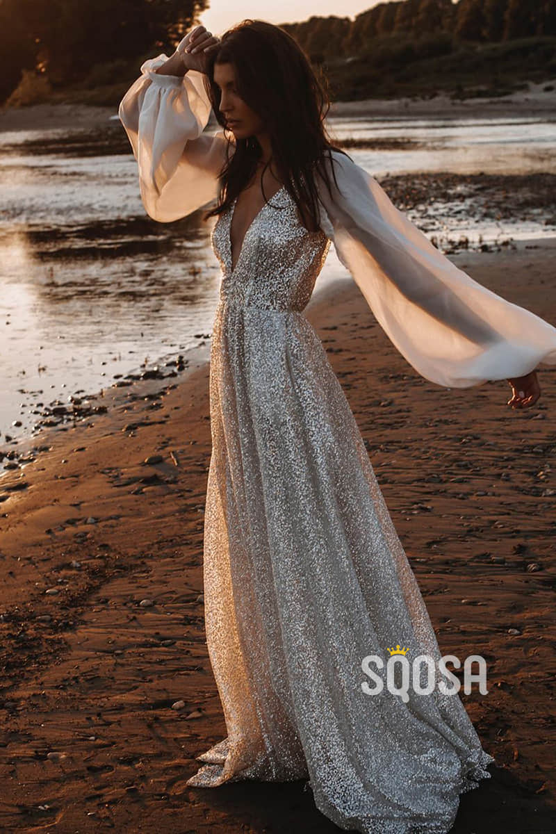 Attractive V-neck Bat Sleeves Sparkly Bohemian Wedding Dress QW2400|SQOSA