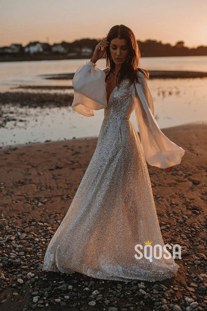 Attractive V-neck Bat Sleeves Sparkly Bohemian Wedding Dress QW2400|SQOSA