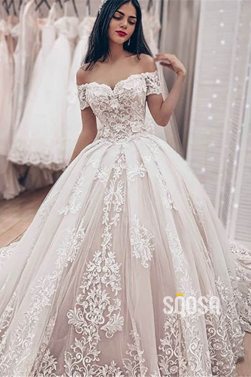 Unique Off-Shoulder Exquisite Lace Appliques Ball Gown Wedding Dress QW2403|SQOSA