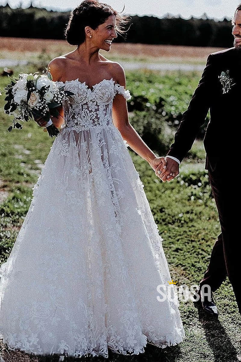 Exquisite Lace Wedding Dress Unique Off-Shoulder Bohemian Wedding Dress QW2410|SQOSA