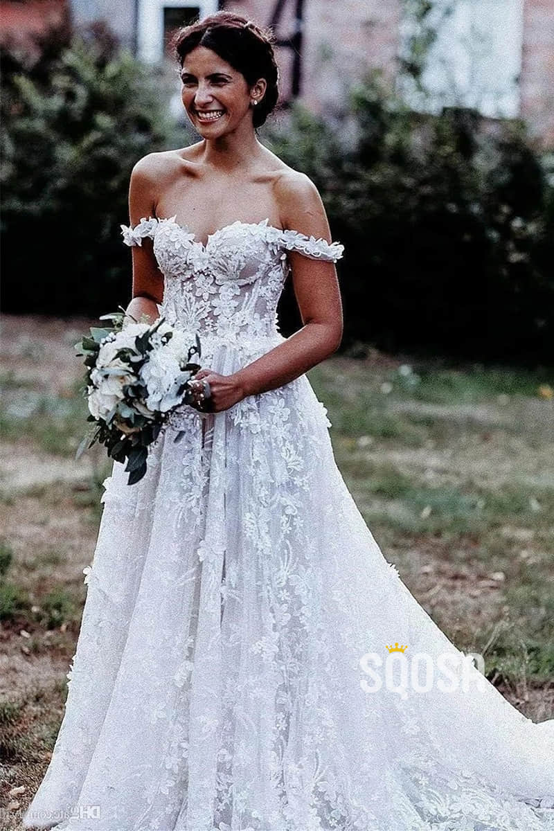 Exquisite Lace Wedding Dress Unique Off-Shoulder Bohemian Wedding Dress QW2410|SQOSA