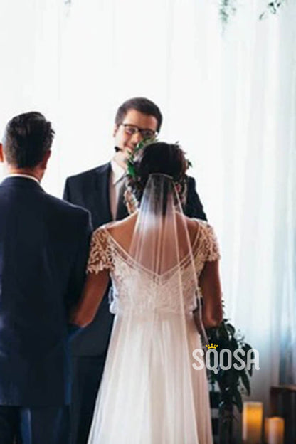 A-line V-neck Short Sleeves Beaded Rustic Wedding Dress QW2417|SQOSA