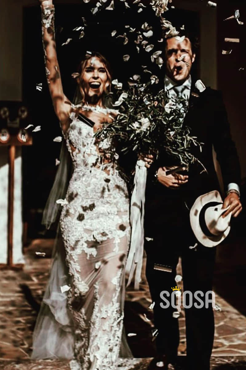 Sheath/Column Wedding Dress Illusion Appliques Long Sleeves Bohemian Wedding Dress QW2418|SQOSA